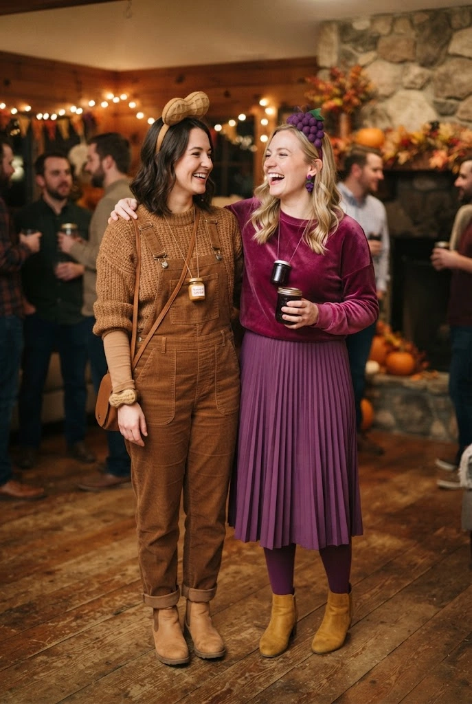 Friends dressed in coordinated peanut butter and jelly-inspired Halloween outfits.