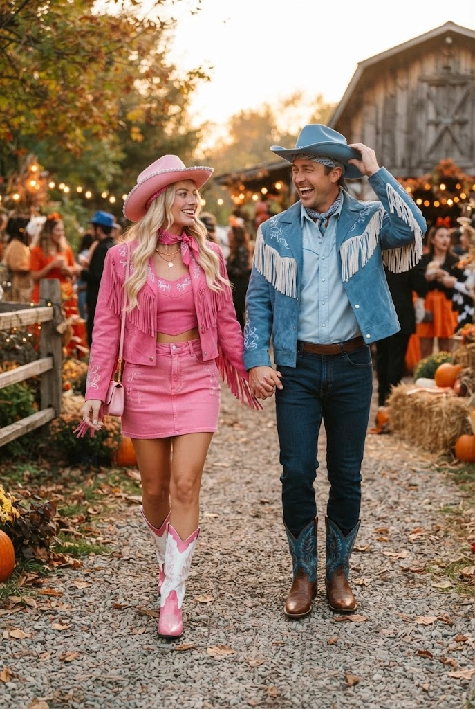 Couple wearing coordinated pink and blue Barbie-and-Ken-inspired Halloween costumes.