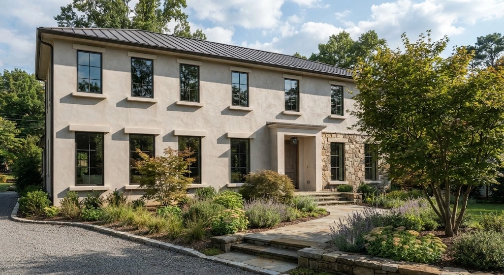 Deep projecting limestone sills create strong shadow lines beneath tall exterior windows.