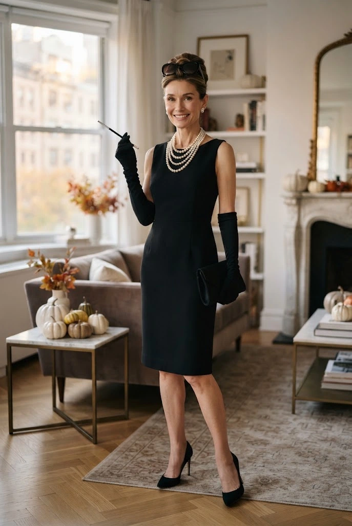 Elegant black-dress Halloween costume inspired by Holly Golightly.