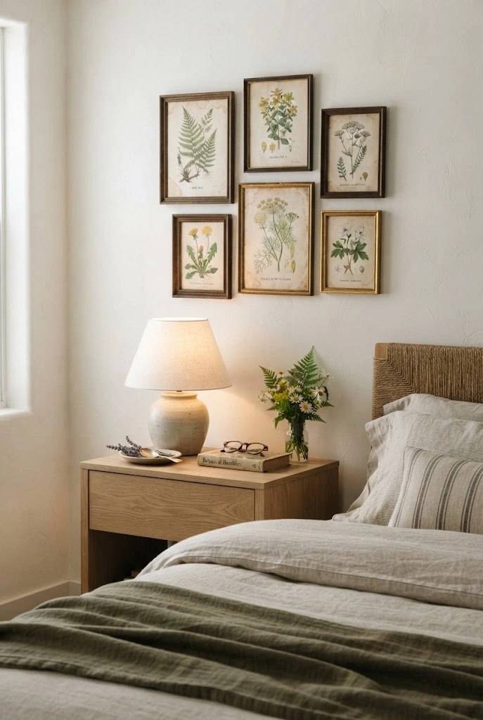 Vintage botanical prints in aged wood frames arranged above an oak bedroom nightstand.