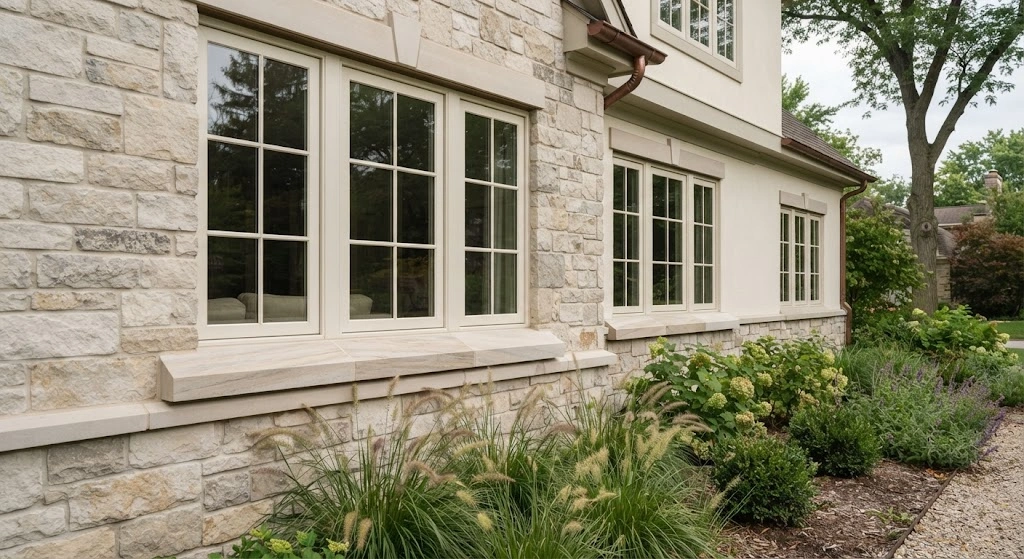 Transitional home featuring softly beveled limestone window sill edges.