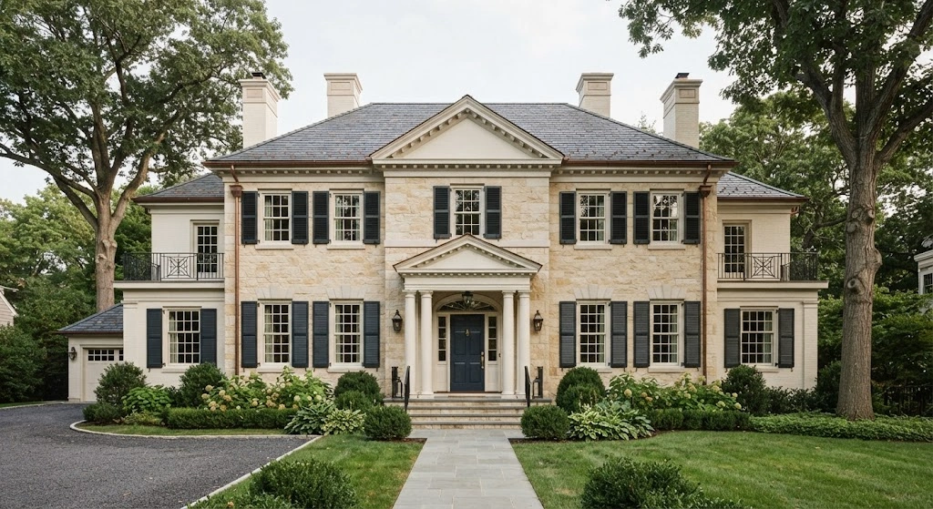 Colonial Revival exterior with molded limestone sills beneath traditional multi-pane windows.