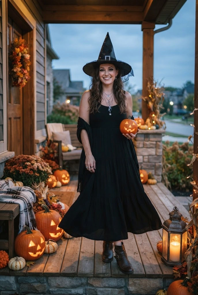 Modern witch costume with a black dress, pointed hat, boots, and silver jewelry.