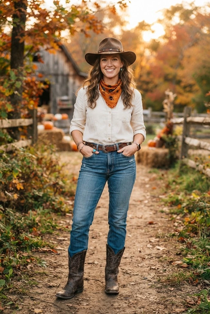 Cute cowgirl Halloween costume with jeans, Western boots, hat, and bandana.