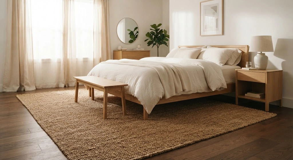 Natural woven rug extending around a cozy bed in a warm neutral bedroom.