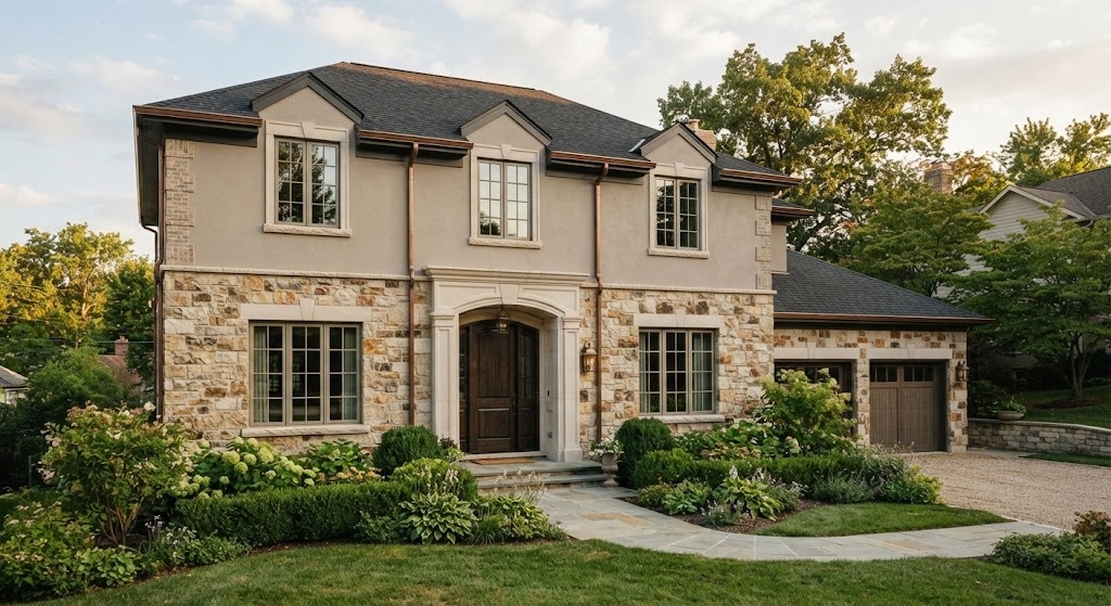 Home exterior with matching limestone window sills and a limestone front door surround.