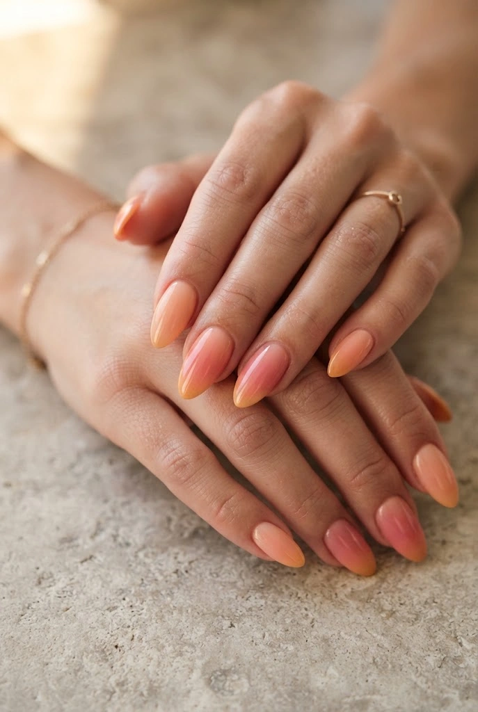 Long almond nails with a soft peach, coral, pink, and golden sunset ombre.
