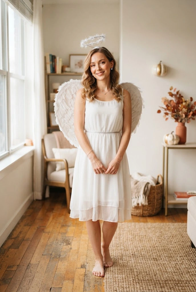 Woman wearing a simple white angel costume with wings and a halo.