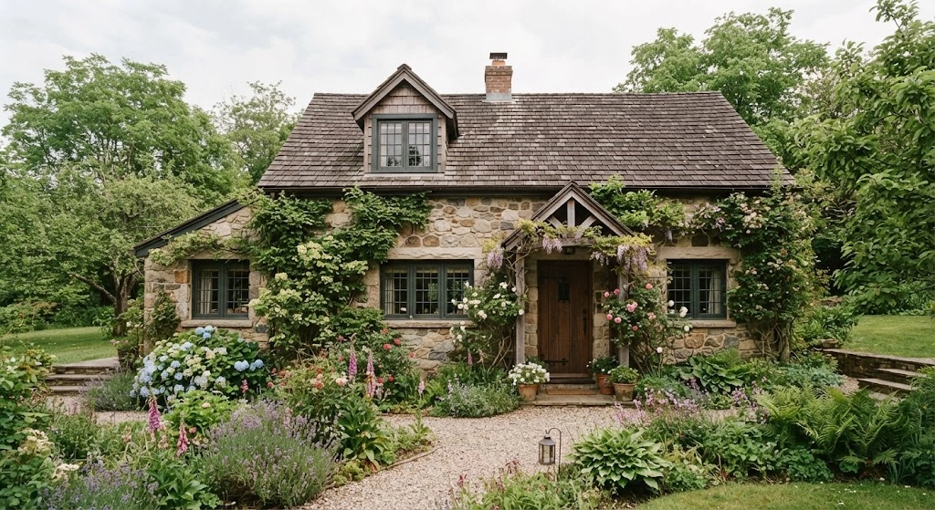 Rustic cottage with textured limestone sills set into natural stone walls.
