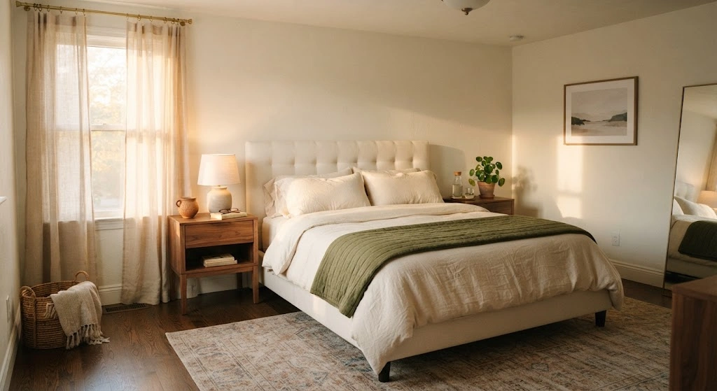 Cozy neutral bedroom with an olive green quilt, walnut furniture, and terracotta accents.