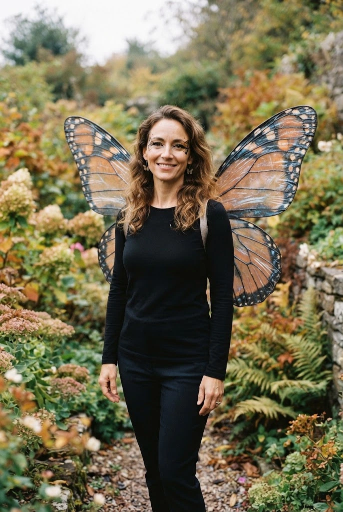 Black butterfly Halloween costume with colorful wings and coordinating makeup.