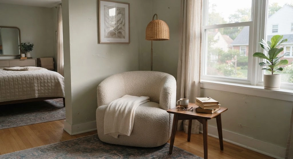 Earthy bedroom reading nook with an oatmeal chair, walnut table, and woven floor lamp.