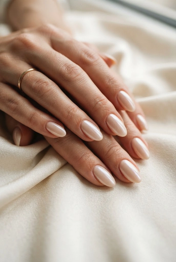 Warm nude almond nails with a subtle pearl glazed finish.