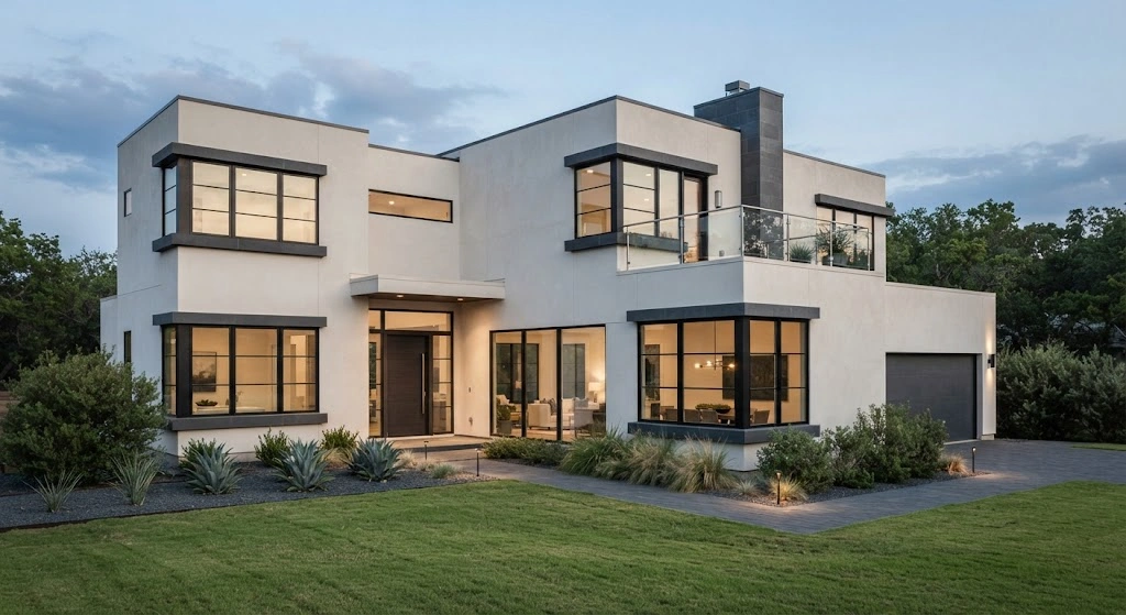 Modern white stucco home with charcoal limestone sills and black-framed windows.