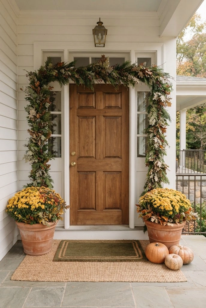 Autumn garland framing a wood front door with golden mums and layered natural doormats.