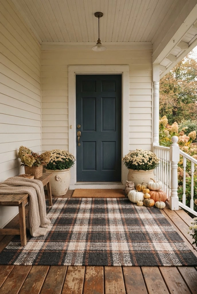 Plaid layered porch rug with a simple doormat, cream mums, pumpkins, and a wooden bench.