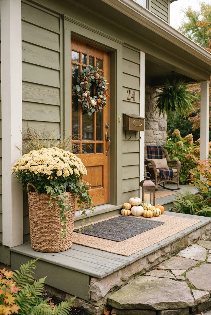 Cottage porch with a tall woven basket of mums, pumpkins, lantern, and layered doormat.