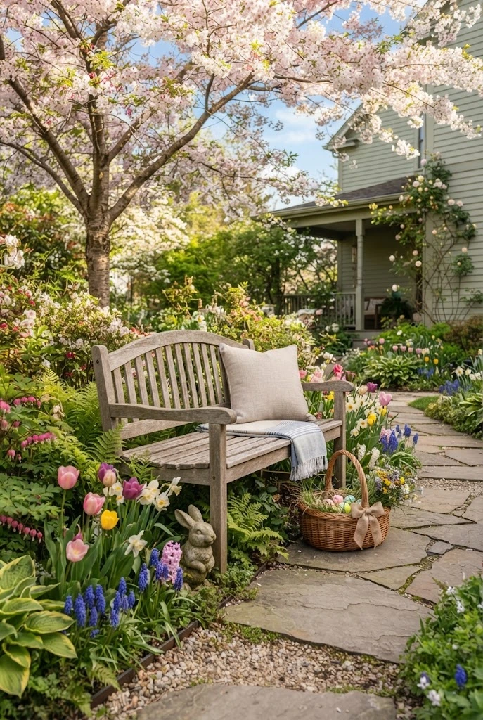 Garden bench surrounded by spring flowers with a bunny and Easter basket.