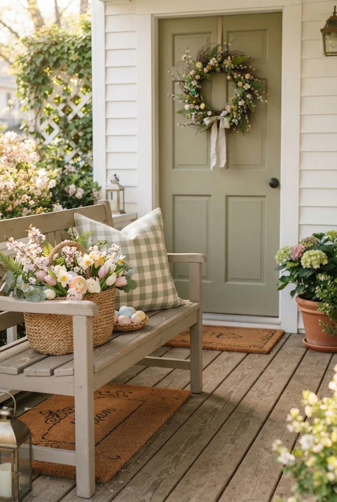 Spring porch with gingham accent pillow, Easter eggs, and flowers.
