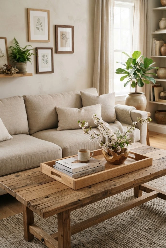 Natural wood accessories paired with greenery in a light spring living room.