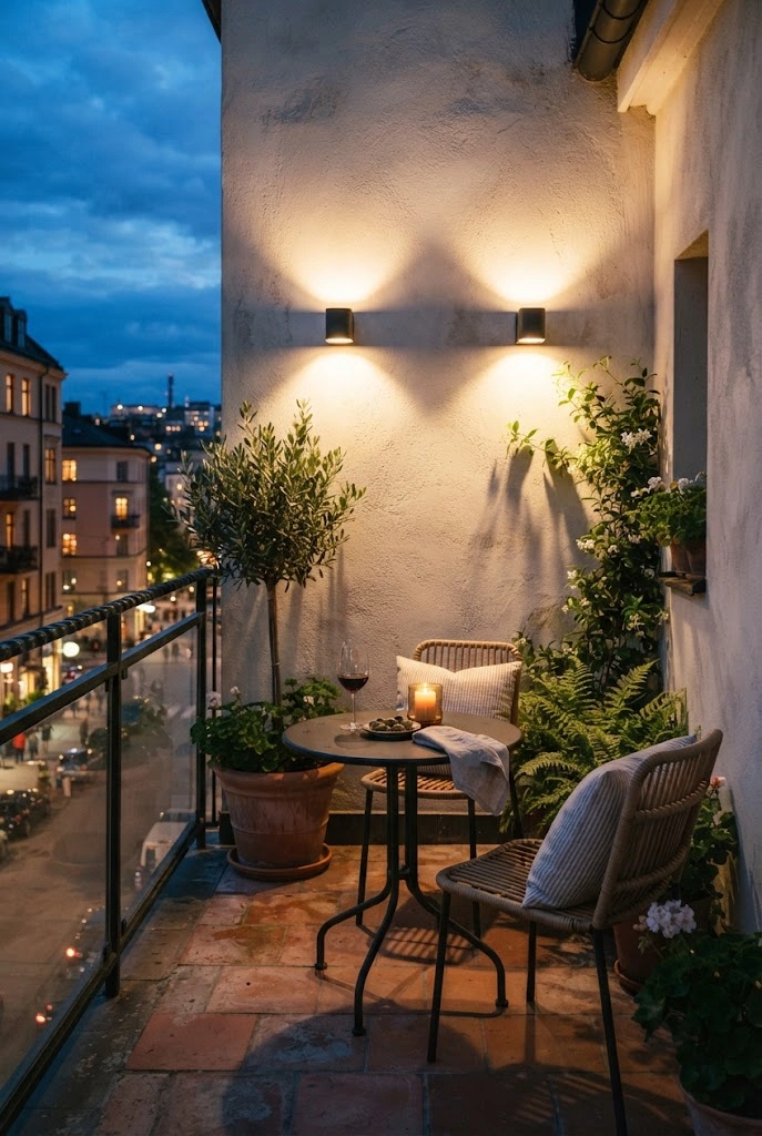 Small balcony illuminated by two warm outdoor wall sconces.