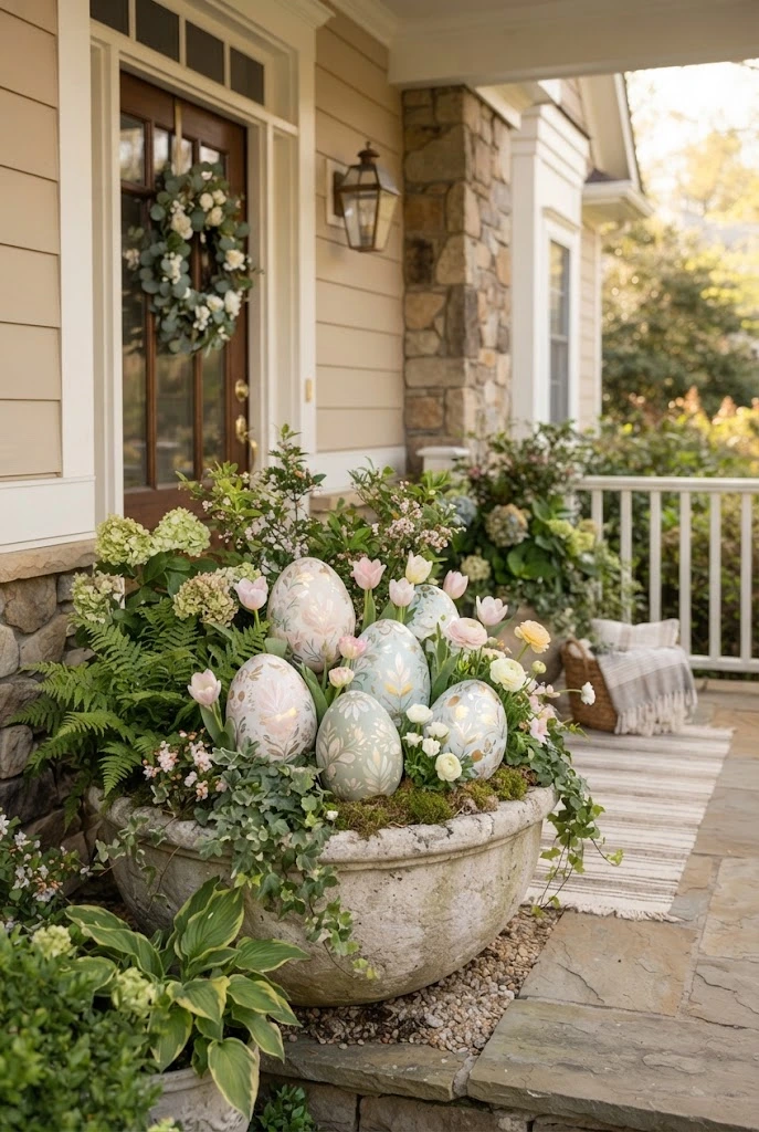 Oversized pastel Easter eggs arranged among spring greenery on a porch.