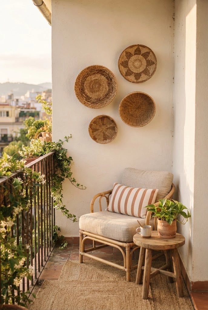 Natural woven baskets arranged as wall decor on a cozy balcony.