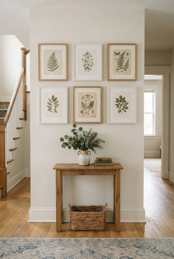 Botanical gallery wall with natural wood frames in a bright spring hallway.