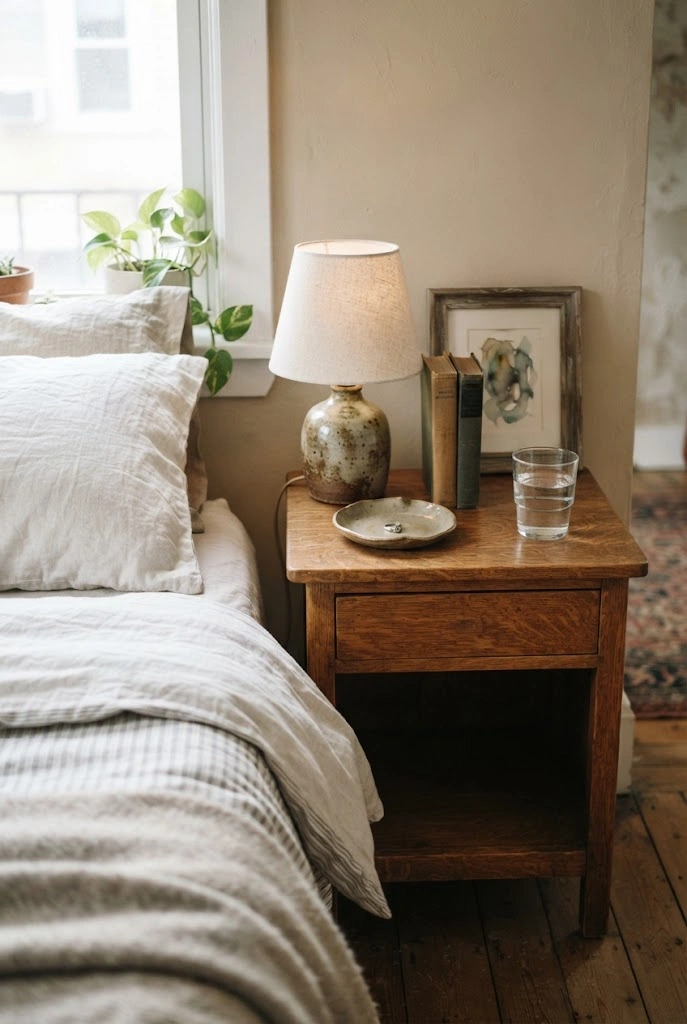 Collected vintage nightstand styled with pottery, books, artwork, and a ceramic lamp.