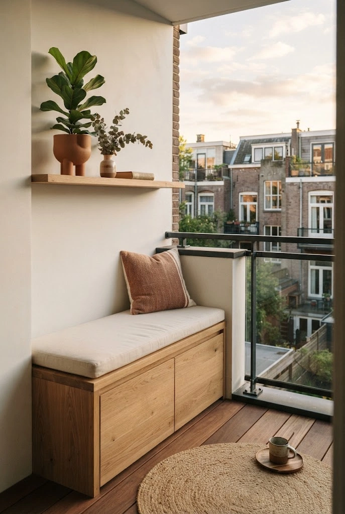 Custom built-in oak bench with storage along a compact balcony wall.