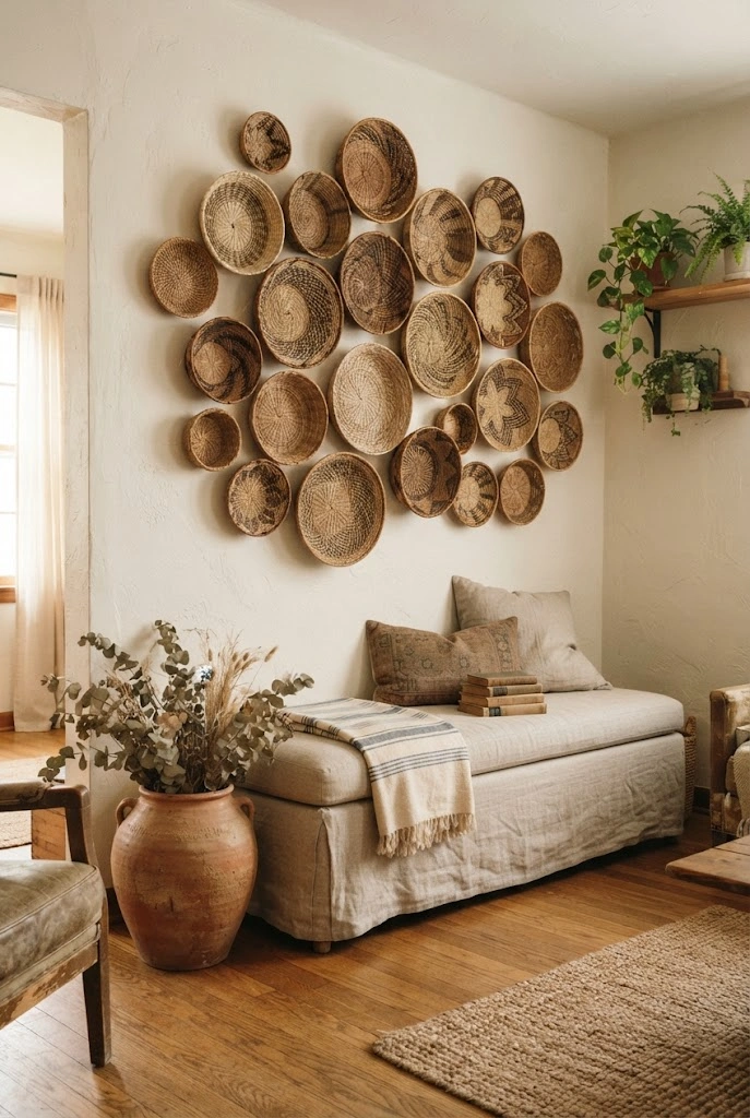 Collection of natural woven baskets arranged on a warm white living room wall.