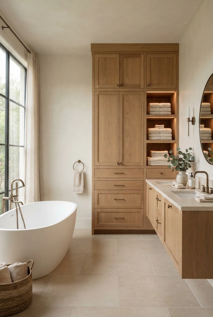 Custom full-height linen cabinetry with open towel niches beside a luxury bathroom vanity.
