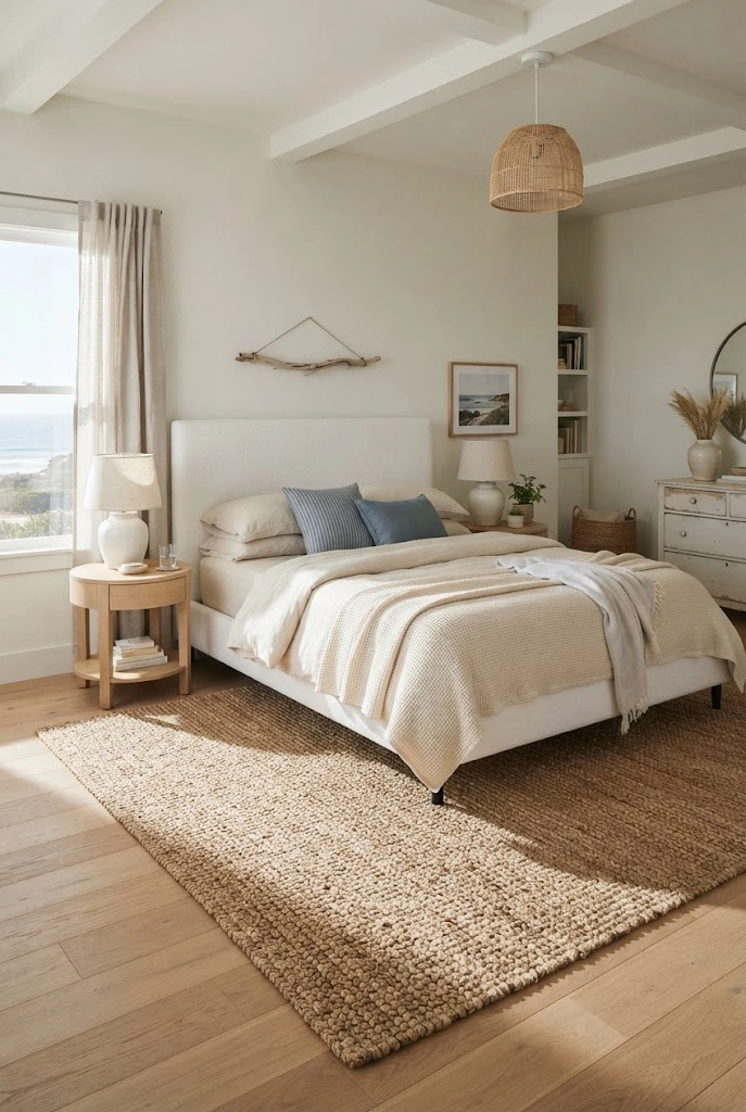 Natural jute rug layered beneath a white bed in a relaxed coastal bedroom.