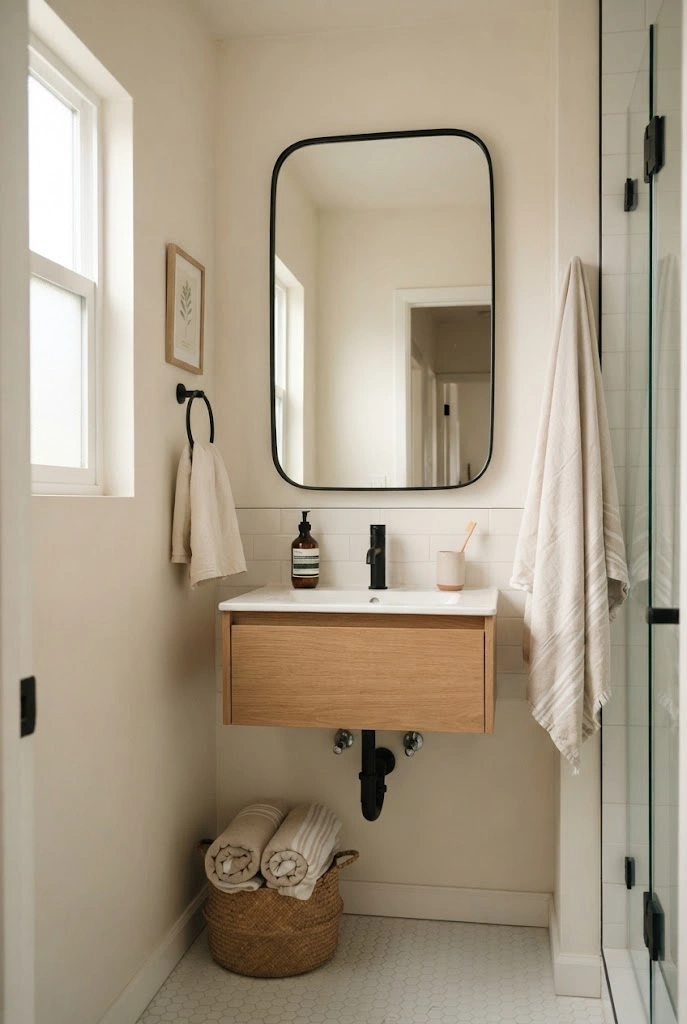 Small bathroom with a large rounded mirror above a compact floating vanity.