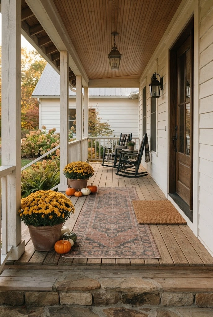 Deep farmhouse porch with a long autumn runner, layered doormat, mums, and pumpkins.