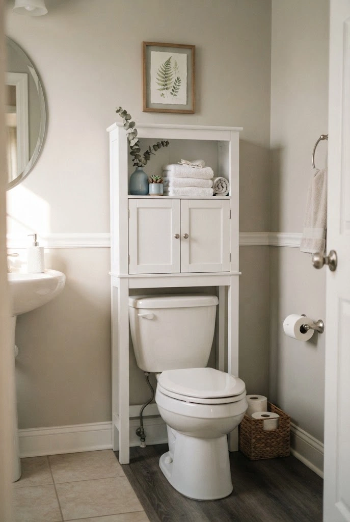 Slim white storage cabinet above a toilet with towels and simple bathroom decor.