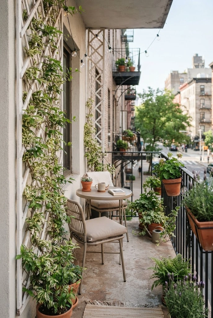 Slim trellis with climbing greenery on a compact apartment balcony.