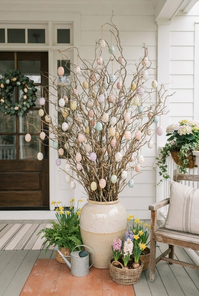 Pastel Easter egg tree displayed in a neutral planter on a porch.