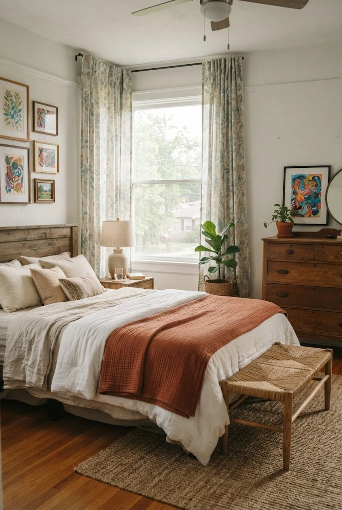Botanical curtains frame a window in a layered eclectic bedroom.