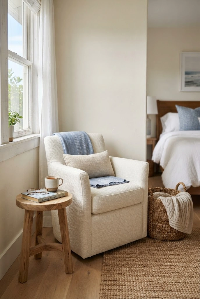 Ivory linen reading chair and woven basket arranged beside a window in a coastal bedroom.