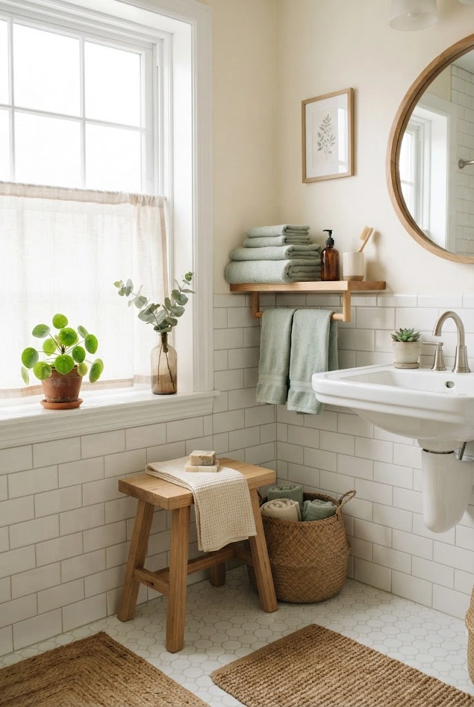 Fresh bathroom with sage towels, greenery, natural wood, and woven storage.