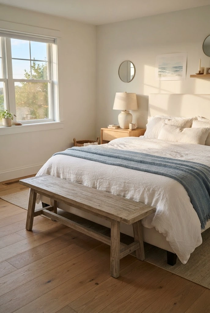 Weathered wood bench placed at the foot of a white linen bed in a coastal bedroom.