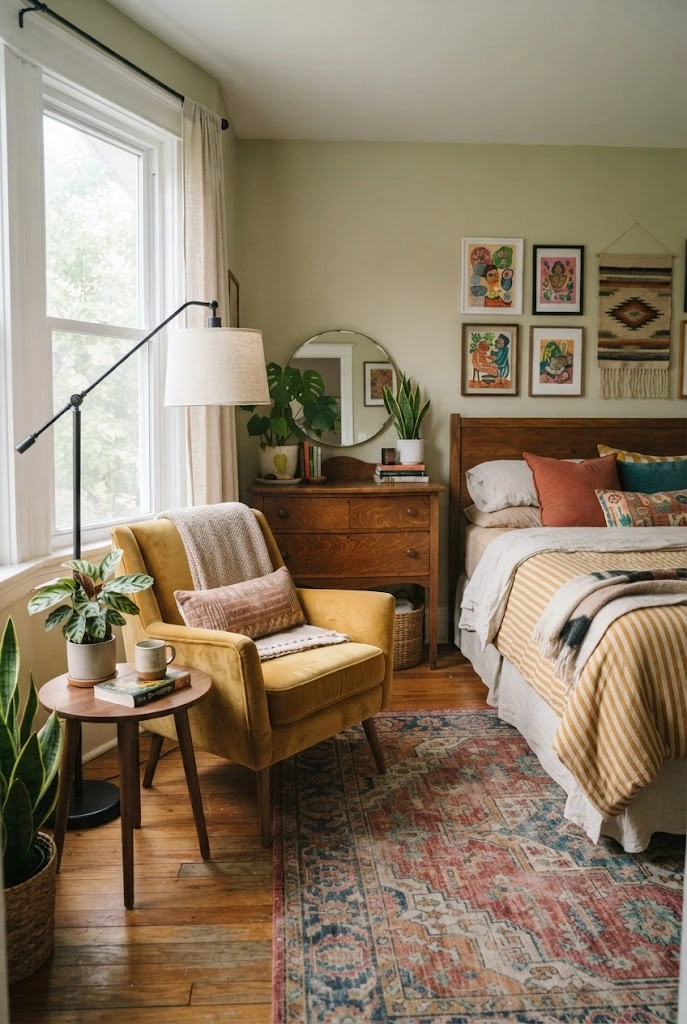 Mustard reading chair beside a window in a cozy eclectic bedroom.