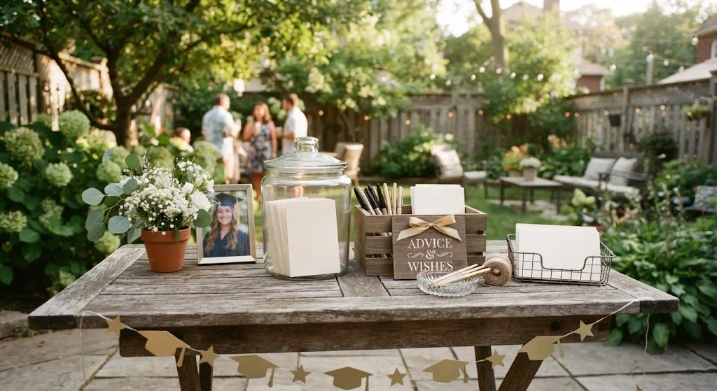 Advice and wishes jar station with blank cards and pens at a backyard graduation party.