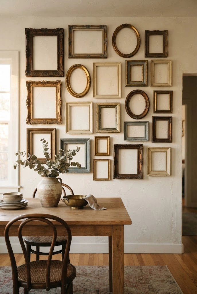 Collection of empty antique frames arranged as sculptural wall decor in a dining room.