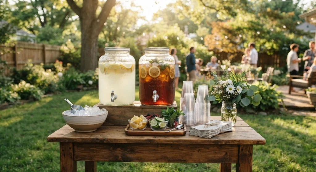 Backyard graduation drink station with lemonade, iced tea, citrus, cups, and fresh herbs.