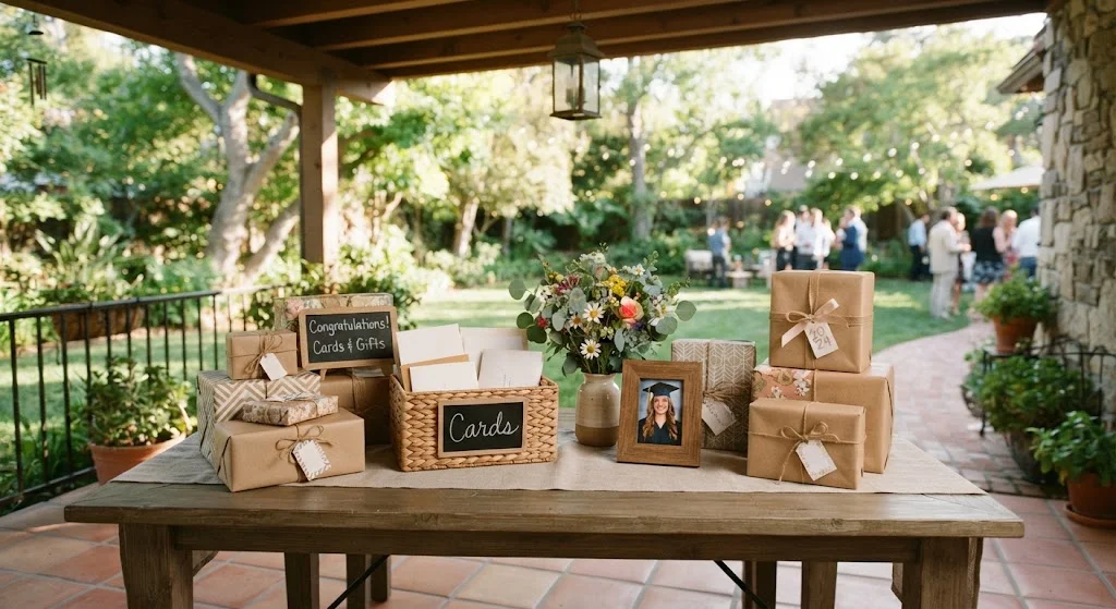 Backyard graduation gift table with wrapped presents, blank cards, basket, flowers, and linen runner.