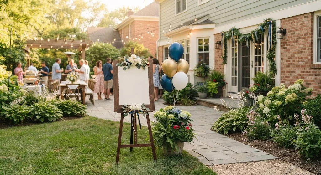 Backyard graduation party entrance with a framed welcome sign, balloons, greenery, and garden path.