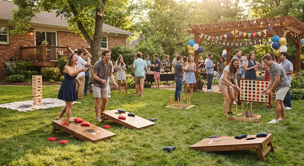 Backyard graduation party lawn with cornhole, ring toss, and oversized outdoor games.